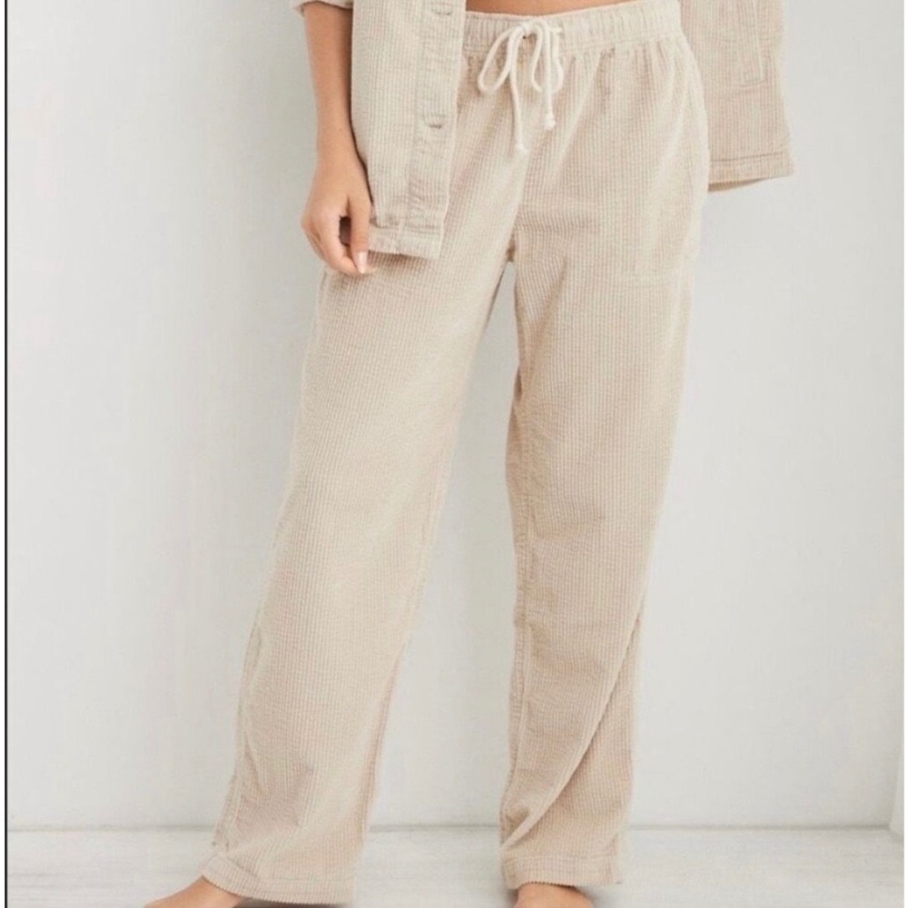 Aerie Corduroy Wide Leg Pants Small Beige Drawstring Elastic Waist 100%‎ Cotton
